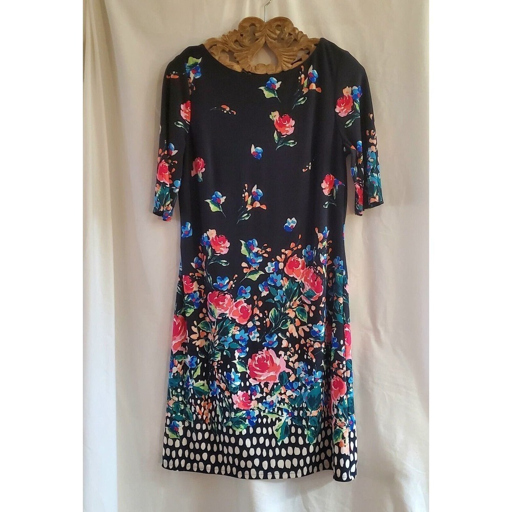 ELIZA J NEW YORK Dress Women's Size 6 Short Sleeved Black Floral Zip Closure